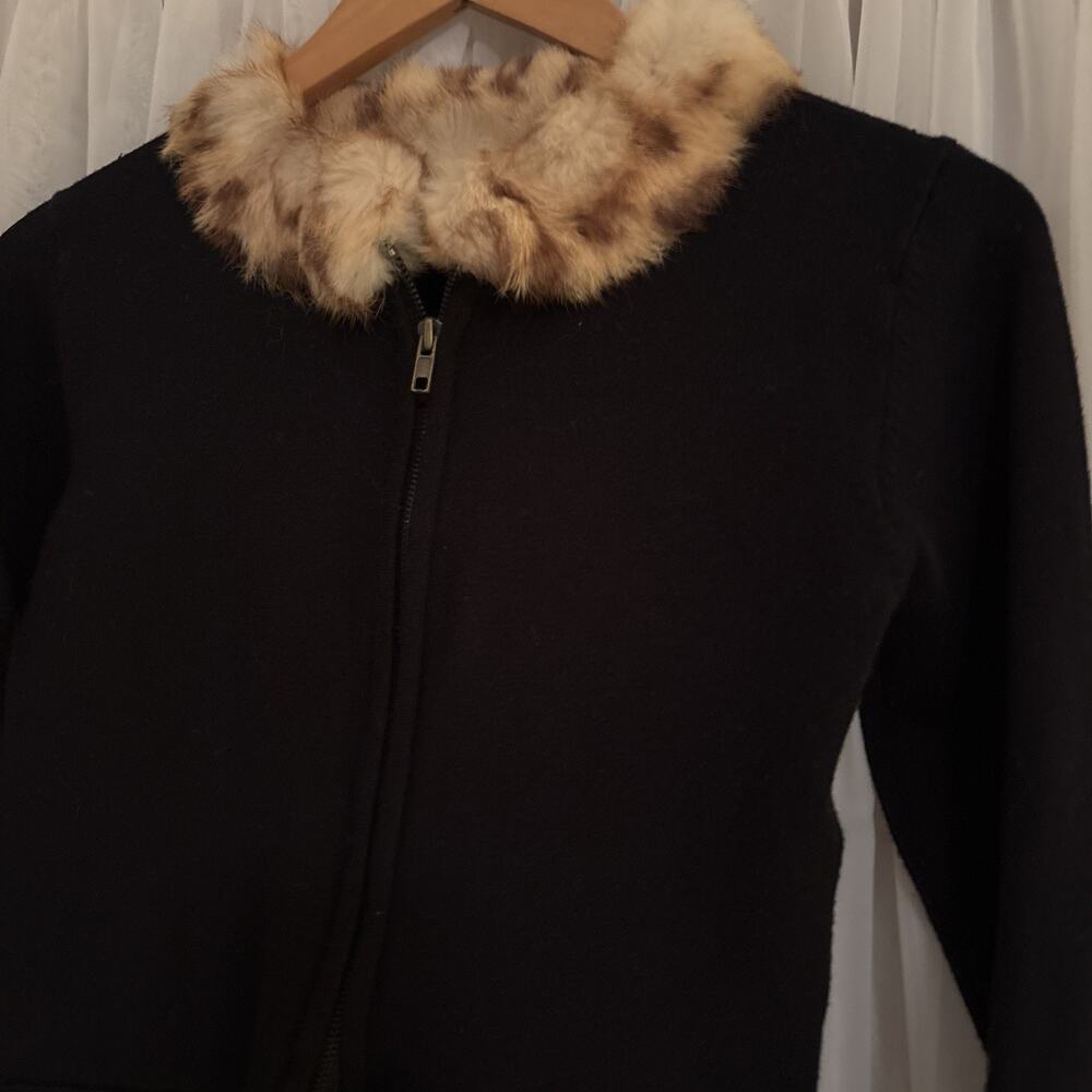 Vintage Cache Black Zip Up Button Sweater Real Fur Collar Women Sz M Silk Blend - Picture 4 of 14